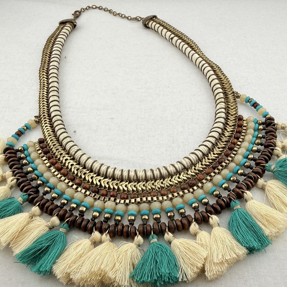 Vintage‎ Boho Gold Tone Turquoise Tassels Statement Bib Necklace Festival Global